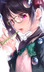  bespectacled black_hair blush bubble buttons commentary_request eyelashes female fingernails from_side glasses green_necktie hand_up highres holding hozumi_kaoru jacket looking_to_the_side love_live! love_live!_school_idol_project necktie open_clothes open_jacket open_mouth pink_vest purple_eyes shirt solo teeth tongue twintails uniform upper_body upper_teeth_only vest white_background white_shirt yazawa_nico 