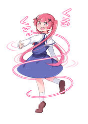  :d blue_dress blush brown_footwear commentary_request dress female full_body hair_ornament loafers long_hair long_sleeves mukunoki_nanatsu oerba_yun_fang open_mouth outstretched_arm pink_hair sailor_collar sailor_dress school_uniform shirt shoes simple_background sleeveless sleeveless_dress sleeves_past_wrists smile socks solo spinning standing standing_on_one_leg tanemura_koyori tiptoes twintails very_long_hair watashi_ni_tenshi_ga_maiorita! white_background white_sailor_collar white_shirt white_socks x_hair_ornament 