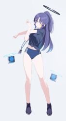  absurdres blue_archive blue_eyes blue_hair blue_shirt blue_shorts buruma eugle_na female full_body grey_background gym_shirt gym_shorts gym_uniform halo highres id_card lanyard long_hair looking_at_viewer mechanical_halo midriff_peek navel one_eye_closed ponytail purple_eyes shirt shorts simple_background solo star_(symbol) stretching t-shirt thighs yuuka_(blue_archive) yuuka_(track)_(blue_archive) 