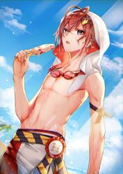  1boy blue_eyes crown food highres ice_cream looking_at_viewer male_focus male_swimwear mini_crown open_mouth outdoors red_hair riddle_rosehearts short_hair solo swim_trunks swimsuit twisted_wonderland yuduki_(tt-yuduki) 