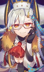  ascot black_gloves blush braid breasts cleavage closed_mouth commentary_request fate/grand_order fate_(series) female fur_collar fur_trim glasses gloves grey_hair hair_between_eyes hair_ornament head_rest highres horns jewelry large_breasts long_hair looking_at_viewer ohitashi_netsurou olga_marie_animusphere red-framed_eyewear red_ascot ring single_braid single_horn smile solo u-olga_marie very_long_hair yellow_eyes yellow_horns 