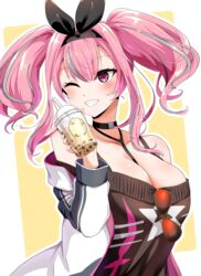  azur_lane bare_shoulders between_breasts black_choker black_hairband black_sweater blush bra_strap breasts bremerton_(azur_lane) bremerton_(day-off_date)_(azur_lane) bubble_tea choker cleavage collarbone commentary cup disposable_cup dress drinking_straw eyewear_hang female grey_hair grin hair_between_eyes hair_intakes hair_ornament hairband holding holding_cup houshi jacket large_breasts long_hair long_sleeves multicolored_hair no_mole off-shoulder_dress off-shoulder_sweater off_shoulder official_alternate_costume one_eye_closed outline pink_eyes pink_hair red-tinted_eyewear sidelocks smile solo standing star_(symbol) star_print strap_between_breasts streaked_hair sweater sweater_dress teeth tinted_eyewear twintails two-tone_hair unworn_eyewear upper_body white_background white_jacket yellow_background 