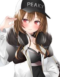  bag baseball_cap black_choker black_dress black_hat breasts brown_hair checkered choker cleavage closed_mouth clothes_writing collarbone commentary_request d4dj dress female fur-trimmed_jacket fur_trim hair_between_eyes hand_in_pocket hand_up hat headphones headphones_around_neck highres jacket komomo_(ptkrx) long_hair long_sleeves medium_breasts open_clothes open_jacket red_eyes simple_background smile solo upper_body white_background white_jacket yamate_kyouko 