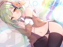  arrow_(symbol) bare_shoulders black_legwear black_panties blush brown_eyes brown_vest chunithm closed_mouth detached_sleeves dutch_angle female green_hair hair_between_eyes headphones highres kneehighs looking_at_viewer lying merun_(merun_i) midriff navel no_pants on_side panties sky_feather_(chunithm) smile socks solo star_(symbol) stomach thighhighs underwear vest window yellow_eyes 