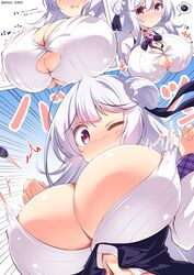  :/ ^^^ azur_lane blush bow bowtie braid braided_bun breasts bursting_breasts button_gap cleavage commission cygnet_(azur_lane) cygnet_(retrofit)_(azur_lane) double_bun emphasis_lines female flying_button hair_bun hair_ribbon highres huge_breasts kamishiro_(rsg10679) long_hair long_sleeves looking_at_viewer motion_lines one_eye_closed open_mouth pink_eyes popped_button ribbon skeb_commission solo spoken_squiggle squiggle sweat twitter_username upper_body wardrobe_malfunction white_hair wing_collar 