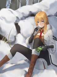  absurdres black_gloves black_pantyhose blonde_hair blue_eyes blush boots brown_dress brown_footwear chinese_commentary chuck_(harfmoondark) coat commentary dress eating elbow_gloves female food fur-trimmed_coat fur_trim girls&#039;_frontline gloves hat highres holding holding_food long_hair looking_at_viewer mosin-nagant_(girls&#039;_frontline) mosin-nagant_(mod3)_(girls&#039;_frontline) necktie on_floor open_clothes open_coat pantyhose red_necktie snowing solo unworn_hat unworn_headwear white_coat white_hat 