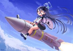  &gt;_&lt; above_clouds aim-54_phoenix aris_(blue_archive) artist_name black_hair black_hairband black_skirt black_socks blue_archive blue_necktie blue_sky blush closed_eyes cloud collared_shirt commentary_request commission female flying full_body hair_between_eyes hair_ornament hairband halo highres jacket long_hair long_sleeves missile necktie one_side_up open_mouth outdoors panties pleated_skirt recare riding_bomb shirt shoes skirt sky smile socks solo teeth triangle_mouth underwear upper_teeth_only very_long_hair white_footwear white_jacket white_panties white_shirt 