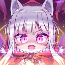  animal_ears breasts capelet chibi fangs female fur_capelet glowing glowing_eyes highres kureha_(666)_(sound_voltex) kureha_(sound_voltex) lanubis looking_at_viewer midriff navel pink_eyes red_hood solo sound_voltex underboob white_hair wolf_ears 