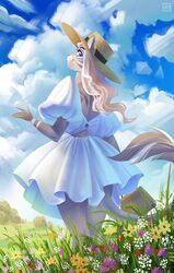  absurd_res anthro clothing cloud dress felid female flower grass hat headgear headwear hi_res holivi jasmin_(a1rheart) lion looking_at_viewer looking_back looking_back_at_viewer mammal pantherine plant purse sky solo stripes summer_hat wide_brim_hat 