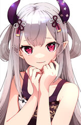  absurdres black_shirt blunt_bangs blush character_name closed_mouth commentary crossed_bangs female grey_hair hair_ornament hands_up highres horns lipstick long_hair looking_at_viewer makeup morumoru_x naraka_(nijisanji) nijisanji own_hands_together pink_eyes pointy_ears shirt sidelocks simple_background sleeveless smile solo tareme thick_eyebrows upper_body virtual_youtuber white_background 