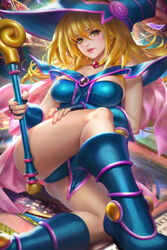  black_gloves blonde_hair blue_dress blue_footwear blue_hat blue_sleeves breasts card commentary dark_magician_girl detached_sleeves dress duel_monster english_commentary female fingerless_gloves gloves gold_collar green_eyes hair_between_eyes hand_on_own_leg hat highres holding holding_staff large_breasts long_hair neoartcore paid_reward_available patreon_username pentacle solo staff thighs wizard_hat yu-gi-oh! yu-gi-oh!_master_duel 