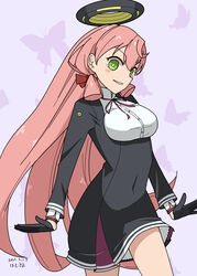  absurdres akashi_(kancolle) black_dress black_gloves blunt_tresses breasts butterfly_background collared_shirt commentary_request cosplay cowboy_shot dress female gloves green_eyes hair_ribbon halo hamukiyo highres kantai_collection long_hair looking_at_viewer mechanical_halo medium_breasts neck_ribbon pink_hair red_ribbon ribbon shirt solo tatsuta_(kancolle) tatsuta_(kancolle)_(cosplay) tress_ribbon white_shirt 