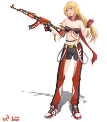  absurdres ak-47 ak-47_(girls&#039;_frontline) assault_rifle bare_shoulders belt black_bra black_shorts black_tank_top blonde_hair blue_eyes blush bra breasts chuck_(harfmoondark) counter-strike_(series) counter-strike_2 female girls&#039;_frontline gloves gun highres holding holding_weapon kalashnikov_rifle long_hair looking_at_viewer medium_breasts navel open_mouth pants red_gloves red_pants red_scarf rifle scarf shoes shorts sneakers solo standing tank_top underwear weapon white_background 