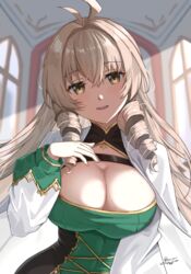  andrea_doria_(azur_lane) antenna_hair as4gi azur_lane breasts brown_eyes cleavage cleavage_cutout clothing_cutout dated dress drill_hair female green_dress hair_between_eyes hand_on_own_chest highres indoors large_breasts light_brown_hair long_hair long_sleeves looking_at_viewer open_mouth signature smile solo sunlight taut_clothes taut_dress twin_drills upper_body window 