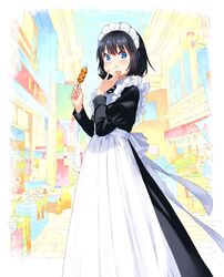  apron black_hair blue_eyes blush bob_cut commentary_request eating female food highres holding holding_food looking_at_viewer maeya_susumu maid maid-san_wa_taberu_dake maid_apron maid_headdress mall outdoors short_hair solo standing suzume_(maid-san_wa_taberu_dake) 