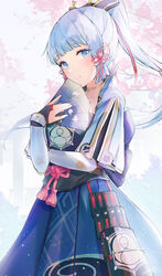  absurdres armor blue_eyes blue_hair blue_hakama breastplate commentary cowboy_shot female folding_fan genshin_impact hair_ornament hair_ribbon hakama hakama_short_skirt hakama_skirt hand_fan highres holding japanese_armor japanese_clothes kamisato_ayaka kamisato_clan_(emblem) kote kusazuri long_hair looking_at_viewer mole mole_under_eye ponytail ribbon sidelocks skirt smile snozaki solo tassel tress_ribbon 