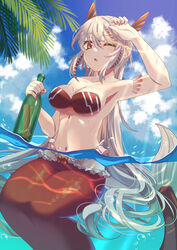  ;o air_bubble bikini blue_sky bottle breasts bubble cleavage cloud collarbone commentary_request day female grey_hair highres holding holding_bottle large_breasts long_hair mermaid monster_girl navel one_eye_closed orange_eyes original parted_lips partially_submerged partially_underwater_shot red_bikini ryofuhiko sky solo swimsuit water 