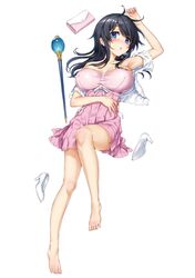  ahoge bare_shoulders barefoot black_hair blue_eyes blush breasts camisole cleavage cover cover_page feet female full_body hand_on_own_stomach hand_up high_heels hisasi jacket large_breasts legs long_hair looking_at_viewer messy_hair netoge_no_yome_wa_onna_no_ko_janai_to_omotta? novel_cover off_shoulder open_clothes open_jacket open_mouth pink_camisole second-party_source shoes simple_background solo staff tamaki_ako unworn_shoes white_background white_footwear white_jacket 