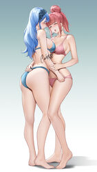  2girls arm_around_waist armpit_crease ass back bare_arms bare_legs bare_shoulders barefoot black_hairband blue_bra blue_hair blue_panties blunt_bangs bra breast_press breasts breath cleavage commentary commission couple earrings english_text feet fire_emblem fire_emblem:_three_houses fire_emblem_warriors:_three_hopes full_body gradient_background green_background hair_bun hair_up hairband hand_on_another&#039;s_arm highres hilda_valentine_goneril hoop_earrings hug invisible_floor jewelry legs long_hair looking_at_another marianne_von_edmund median_furrow medium_breasts medium_hair multiple_girls official_alternate_hairstyle panties panty_tug parted_lips pink_bra pink_panties ponytail red_hair shadow shizuko_hideyoshi sidelocks standing symmetrical_docking thighs toes tongue tongue_out underwear underwear_only white_background yuri 