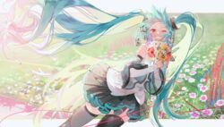  absurdres bare_shoulders black_skirt black_thighhighs blue_border blue_eyes blue_flower blue_hair border bouquet bubble bug butterfly circle clenched_teeth commentary cowboy_shot detached_sleeves dianthus dutch_angle eyelashes female field floating_hair flower flower_field grass happy hatsune_miku hatsune_miku_(nt) highres light_particles long_hair looking_at_viewer messy_hair one_eye_closed orange_flower piapro pink_flower pleated_skirt purple_flower red_flower see-through see-through_sleeves shirt sidelighting skirt sleeveless sleeveless_shirt smile solo string stuko symbol-only_commentary teeth thighhighs twintails very_long_hair vocaloid white_butterfly white_flower white_shirt zettai_ryouiki 