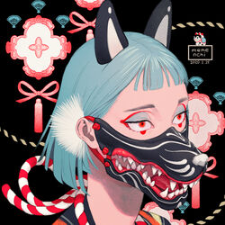  aburage_(motimotigg20) animal_ears aqua_hair bow dated eyeshadow female highres makeup mask mouth_mask original pink_bow portrait red_eyes rope short_hair solo tassel wolf_ears wolf_mask 