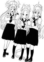  3girls :d alternate_costume animal_ears blue_archive closed_mouth cross_halo crossed_bangs dutch_angle flower fox_ears full_body greyscale hair_bun hair_flower hair_ornament halo highres kneehighs light_blush long_hair long_skirt long_sleeves looking_at_viewer mika_(blue_archive) monochrome multiple_girls nagisa_(blue_archive) neckerchief open_mouth parted_bangs pleated_skirt pose sailor_collar school_uniform seia_(blue_archive) serafuku simple_background single_side_bun skirt smile socks tea_party_(blue_archive) v_over_eye very_long_hair white_background wwwsebone 