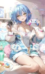  ahoge bare_legs bare_shoulders blue_bow blue_hair blue_jacket blush bob_cut bottle bow breasts camisole character_hair_ornament cleavage clothes_hanger commentary_request controller crossed_bangs daifuku_(yukihana_lamy) dyed_ahoge female food frilled_camisole frills fur-trimmed_jacket fur_trim furofuroppi game_controller hair_between_eyes hair_ornament hairclip hands_up head_tilt heart heart_ahoge highres holding holding_controller holding_game_controller hololive indoors jacket lamp large_breasts long_sleeves looking_at_viewer messy_hair multicolored_hair off_shoulder official_alternate_costume official_alternate_hair_length official_alternate_hairstyle open_clothes open_jacket open_mouth pajamas partially_unzipped pastry plate pointy_ears polka_dot_camisole shelf short_hair sitting sleepwear smile solo spaghetti_strap streaked_hair striped_clothes striped_jacket stuffed_toy thighs unzipped virtual_youtuber white_camisole yamenaa_(momosuzu_nene) yellow_eyes yukihana_lamy yukihana_lamy_(loungewear) yukimin_(yukihana_lamy) zipper_pull_tab 