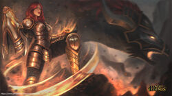  absurdres armor armored_boots blurry blurry_background boots breastplate colored_sclera copyright_name dragon faulds female gauntlets glowing glowing_eyes greaves highres horns ironscale_shyvana joaowbenfica league_of_legends no_headwear no_pupils orange_sclera pauldrons red_hair shoulder_armor shyvana solo sword weapon 