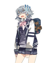  bag black_jacket black_skirt bow cevio collared_shirt commentary double_bun female flower grey_hair grey_sweater hair_bun hair_flower hair_ornament hairclip highres jacket karei koharu_rikka lakiston letterman_jacket long_sleeves open_clothes open_jacket pink_bow pleated_skirt school_bag school_uniform shaded_face shirt simple_background skirt sleeves_past_wrists solo standing stuffed_animal stuffed_toy sweater synthesizer_v tears teddy_bear white_background white_flower white_shirt 