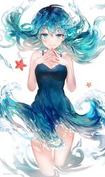  a_maru absurdres bad_id bad_twitter_id blue_dress blue_eyes blue_hair commentary cropped_legs dress female fingers_together floating_hair highres liquid_clothes liquid_dress liquid_hair long_hair original smile solo standing starfish symbol-only_commentary thigh_gap waves white_background 