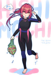  alternate_costume bad_id bad_twitter_id barefoot blush bodysuit breasts clothes_writing diving_suit female full_body hair_ribbon hishimochi holding i-168_(kancolle) kantai_collection long_hair net open_mouth ponytail red_hair ribbon simple_background solo text_background water water_drop wetsuit yuasa_makoto 