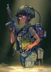  breasts canteen combat_helmet erica_(naze1940) explosive female flashlight glasses grenade gun helmet highres holding holding_gun holding_weapon load_bearing_equipment m1_helmet medium_breasts military military_uniform no_bra notebook original radio_antenna see-through shirt short_hair soldier solo submachine_gun thompson_submachine_gun uniform vietnam_war weapon wet wet_clothes wet_shirt 