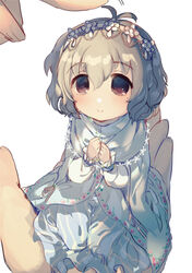  ahoge bad_id bad_pixiv_id blue_skirt blush brown_eyes c: cape cardigan closed_mouth dot_nose female frilled_sleeves frills grey_hair hair_between_eyes hairband hand_on_own_chest headpat idolmaster idolmaster_cinderella_girls in_palm kneeling long_skirt long_sleeves looking_at_another mini_person minigirl mole mole_under_eye narumiya_yume pov pov_hands short_hair simple_background skirt smile snowflakes social_kasu_(mob_oji_katu) striped_clothes striped_skirt wavy_hair white_background white_cape white_cardigan 