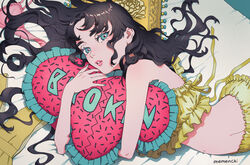  aburage_(motimotigg20) aqua_eyes aqua_nails black_hair female frilled_pillow frills from_above highres hugging_object long_hair lying midriff navel on_side original parted_lips pillow pillow_hug solo upper_body 