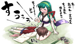  2girls blue_skirt blush bow breasts brown_hair closed_eyes commentary_request faceplant green_hair green_hairband hairband headgear highres japanese_clothes kimono lap_pillow long_hair long_sleeves medium_breasts multiple_girls neon-tetora nose_blush obi open_mouth pleated_skirt red_bow sash seiza short_sleeves siblings sisters sitting skirt socks sweat tasuki tatami touhoku_kiritan touhoku_zunko translated unworn_headgear very_long_hair voiceroid white_background white_kimono white_legwear wide_sleeves 