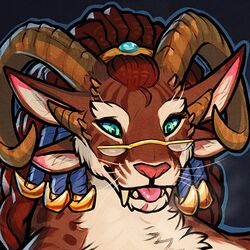  1:1 4_ears 4_horns anthro charr eyewear fangs felid female glasses guild_wars horn low_res mammal multi_ear multi_horn portrait solo teeth tongue tongue_out vateo 