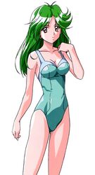  1990s_(style) adjusting_clothes adjusting_swimsuit asou_kasumi breasts casual_one-piece_swimsuit cleavage cowboy_shot expressionless feet_out_of_frame female green_hair kokura_masashi long_hair non-web_source official_art one-piece_swimsuit photoshop_(medium) retro_artstyle simple_background solo swimsuit tokimeki_memorial tokimeki_memorial_2 white_background 