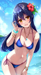  bikini blue_bikini blue_hair breasts ca_ba_ya_ki collarbone female flower hair_flower hair_ornament halterneck hibiscus highres jewelry long_hair looking_at_viewer love_live! love_live!_school_idol_project navel necklace ocean open_mouth side-tie_bikini_bottom small_breasts smile solo sonoda_umi standing stomach string_bikini swimsuit yellow_eyes 