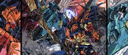  1980s_(style) 2boys character_request damaged decepticon fighting highres holding holding_sword holding_weapon liokaiser looking_down looking_up marble-v mecha multiple_boys multiple_views no_humans predaking retro_artstyle robot science_fiction shoulder_cannon sword transformers transformers_victory weapon 