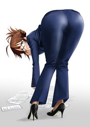  akizuki_ritsuko antenna_hair ass ass_focus bent_over black-framed_eyewear black_footwear blue_jacket blue_pants blurry blurry_background blush bow breasts brown_eyes brown_hair dot_nose female folded_ponytail formal from_behind glasses gradient_background green_bow grey_background hand_up high_heels idolmaster idolmaster_(classic) idolmaster_million_live! idolmaster_million_live!_theater_days jacket large_breasts long_sleeves looking_at_viewer looking_back minpei_ichigo office_lady open_mouth pants papers shirt short_hair simple_background solo standing v-shaped_eyebrows white_background white_shirt 