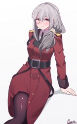  absurdres arm_support artist_name blush breasts clothing_request coat epaulettes female gar32 girls&#039;_frontline grey_hair griffin_&amp;_kryuger_military_uniform helianthus_(girls&#039;_frontline) highres long_hair medium_breasts monocle pantyhose red_coat solo white_background 