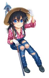  adjusting_clothes adjusting_headwear ahoge black_hair blue_eyes boots breasts cleavage closed_mouth collarbone cover cover_page denim female full_body gloves hair_between_eyes hat highres hisasi invisible_chair jeans large_breasts looking_at_viewer netoge_no_yome_wa_onna_no_ko_janai_to_omotta? novel_cover official_art pants plaid plaid_shirt red_shirt rubber_boots second-party_source shirt simple_background sitting smile solo staff straw_hat suspenders tamaki_ako torn_clothes torn_jeans torn_pants towel towel_around_neck white_background white_gloves 