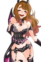  =_= alternate_costume bikini black_bikini black_thighhighs blunt_bangs blurry blush breasts brown_hair cleavage closed_mouth contrapposto cowboy_shot demon_horns demon_wings detached_collar female groin hand_up highres horns idolmaster idolmaster_million_live! idolmaster_starlit_season large_breasts little_devil_swimsuit_(idolmaster) long_hair miyao_miya open_mouth round_teeth simple_background smile solo swept_bangs swimsuit teeth thick_eyebrows thigh_gap thighhighs upper_teeth_only very_long_hair white_background wings yakihokke_m 