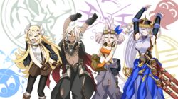  &gt;_&lt; 1boy 3girls :3 :d =_= absurdres albaz_(yu-gi-oh!) animal_ear_fluff animal_ears armpits arms_up bandaged_leg bandages bare_shoulders belt_pouch black_cape black_gloves black_jacket black_panties black_pantyhose black_sleeves blonde_hair blue_skirt boots breasts brown_footwear brown_gloves brown_shorts cape cat_ears cat_girl cleavage closed_mouth clothes_around_waist collarbone commentary_request cowboy_shot dancing dark_skin detached_sleeves duel_monster ecclesia_(yu-gi-oh!) facial_mark fake_horns fallen_of_albaz ferret_ears ferret_girl fleurdelis_(yu-gi-oh!) forehead_mark gloves goggles goggles_around_neck goggles_on_head grey_hair grey_jumpsuit groin hair_between_eyes hair_ornament hair_over_one_eye hat highres holding horned_headwear horns incredible_ecclesia_the_virtuous jacket jacket_on_shoulders jingasa jumpsuit jumpsuit_around_waist kitt_(yu-gi-oh!) knee_boots kono_subarashii_sekai_ni_shukufuku_wo! large_breasts long_hair long_skirt looking_away looking_up medium_breasts midriff multicolored_hair multiple_girls navel one_eye_closed one_eye_covered open_mouth orange_gloves panties pantyhose parody pink_hair pouch purple_eyes red_hair scar scar_across_eye sheath sheathed shirt short_hair shorts sidelocks skirt sleeveless sleeveless_shirt smile standing strapless streaked_hair suspender_shorts suspenders sword synchroman the_iris_swordsoul tomorrow_(konosuba) torn_cape torn_clothes tri-brigade_kitt tri-brigade_mercourier tube_top twintails underwear very_long_hair weapon white_hair white_shirt xd yu-gi-oh! 