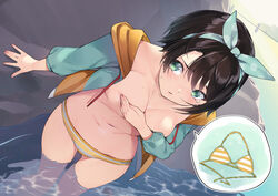  absurdres afloat beach bikini black_hair blush bow_hairband breasts collarbone covering_breasts covering_privates embarrassed female green_eyes hairband highres hololive koubou_(cowbow_kun) navel official_alternate_costume official_alternate_hairstyle oozora_subaru oozora_subaru_(hololive_summer_2019) open_clothes outdoors partially_submerged rock short_hair solo speech_bubble stomach striped_bikini striped_clothes swept_bangs swimsuit tears unworn_bikini_top virtual_youtuber water 