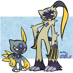  2others alternate_color ariga_hitoshi claws closed_mouth commentary_request english_text evolutionary_line fangs full_body furry green_eyes height_difference highres hisuian_sneasel multiple_others open_mouth pokemon pokemon_(creature) shiny_pokemon signature simple_background sneasler standing yellow_eyes 