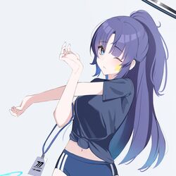  blue_archive blue_eyes blue_hair blue_jacket blue_shirt blue_shorts buruma eugle_na female gym_shirt gym_shorts gym_uniform halo highres jacket long_hair looking_at_viewer mechanical_halo navel ponytail shirt shorts solo stretching thighs yuuka_(blue_archive) yuuka_(track)_(blue_archive) 