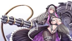  absurdres breasts chains cho!cho! coffin commentary eternity_(last_origin) female gatling_gun goth_fashion grey_hair hairband highres huge_breasts last_origin lolita_hairband long_hair looking_at_viewer minigun multicolored_hair navel pink_eyes pink_hair simple_background solo streaked_hair very_long_hair white_background 