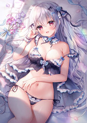  babydoll bare_arms bare_shoulders black_babydoll black_panties breasts cleavage commentary_request detached_collar female flower frills hair_flower hair_ornament hand_on_own_stomach hand_up kyuketsuki-chan_(mitsuba_choco) large_breasts lingerie long_hair looking_at_viewer lying mitsuba_choco navel oerba_yun_fang on_back open_mouth original panties red_eyes side-tie_panties smile solo spaghetti_strap stomach strap_slip string_panties thighs underwear underwear_only very_long_hair white_hair wrist_cuffs 