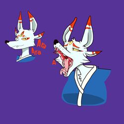  1:1 3_eyes ahe_gao anthro ara_ara arctic_fox canid canine deity fangs female fox fox_spirit fukadobi fur hi_res looking_pleasured makeup mammal multi_ear multi_eye open_mouth purple_background simple_background solo suggestive_look teeth true_fox white_body white_fur yalen-the-untaggable yellow_sclera 